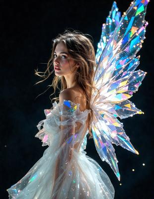 The primary subject of the image is a woman dressed in a white and pink dress, wearing a fairy costume. She is standing in front of a dark background, which contrasts with the bright colors of her outfit. The visual style of the image is a combination of photo and digital art, creating a unique and eye-catching scene. The woman's costume and the overall atmosphere convey a sense of fantasy and whimsy.